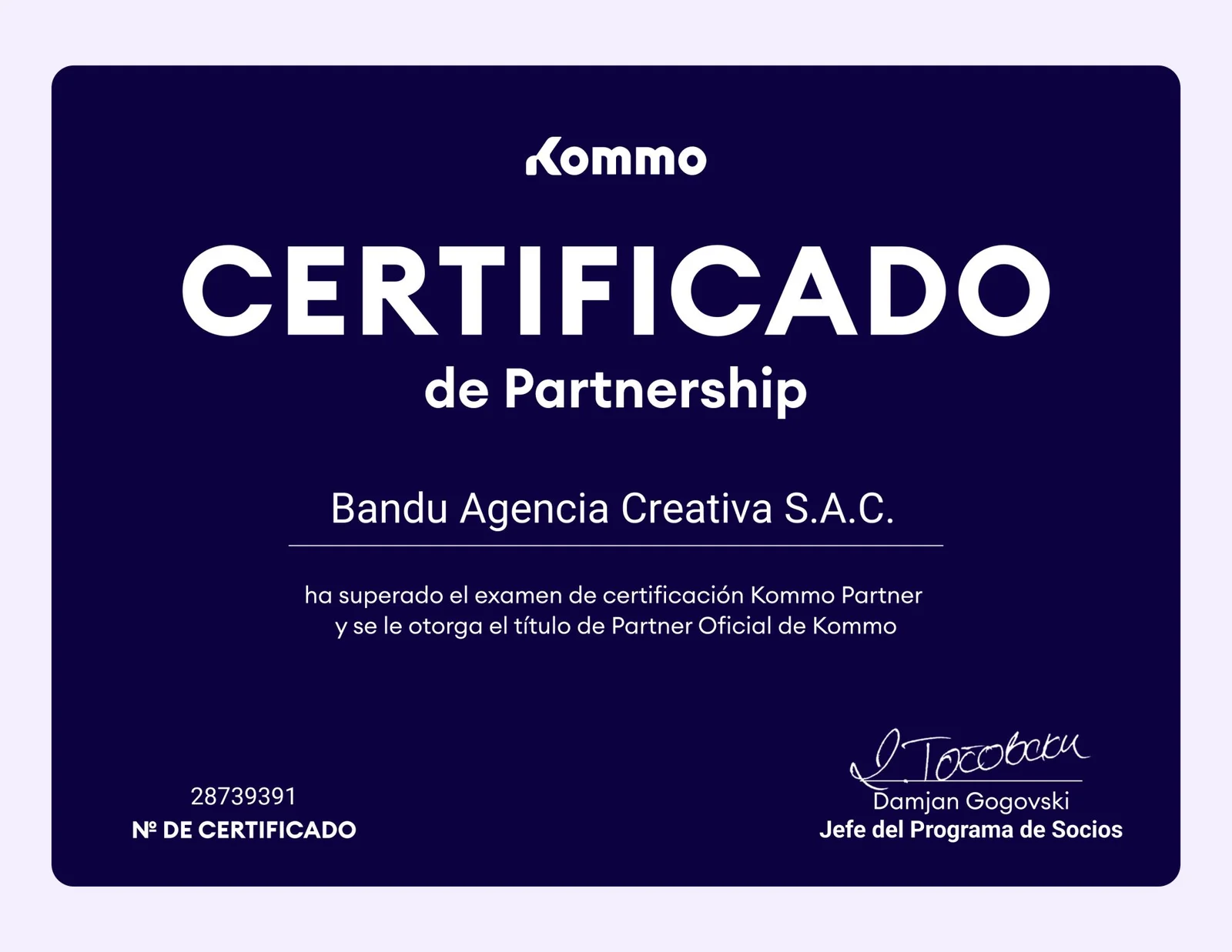 Certificado de partnership Kommo de Bandu Agencia Creativa S.A.C.