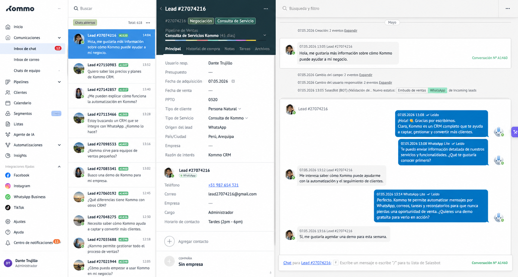 Interfaz de Kommo con bandeja unificada, conversaciones y agente de IA
